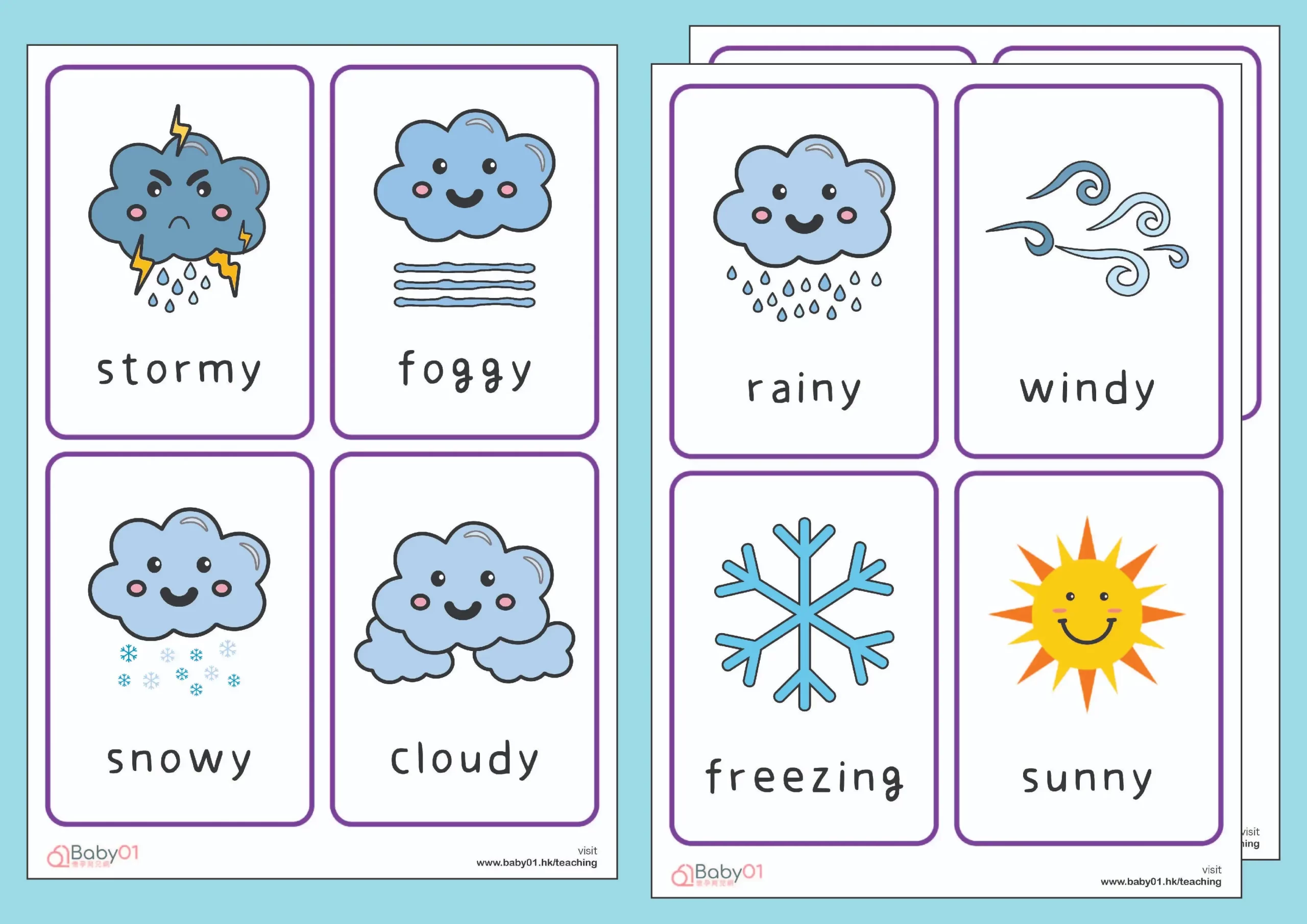 天氣形容詞生字卡(英) - 免費早教資源- Baby01 懷孕育兒網